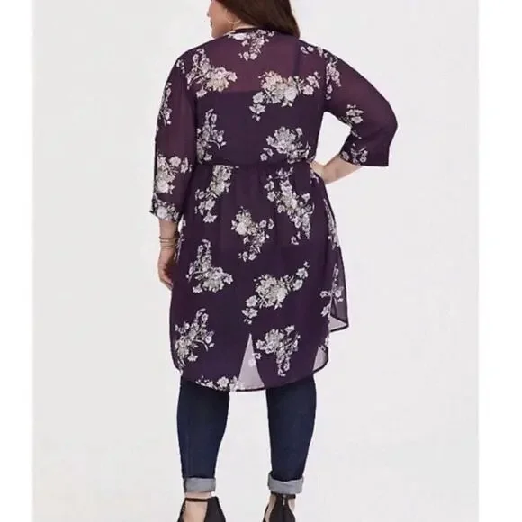 Torrid Purple Floral Chiffon Hi-Lo Tunic Blouse Sz.2 - Picture 3 of 14
